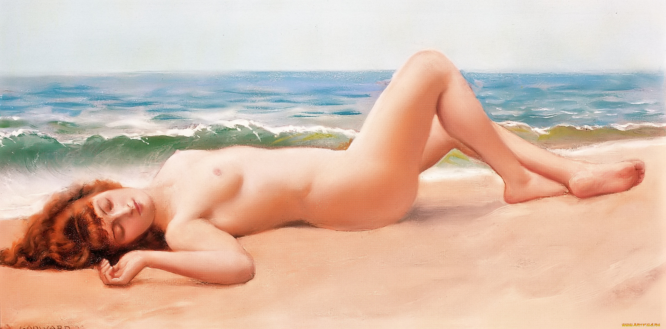 godward - nu sur la plage , modern nude, -, , , , 